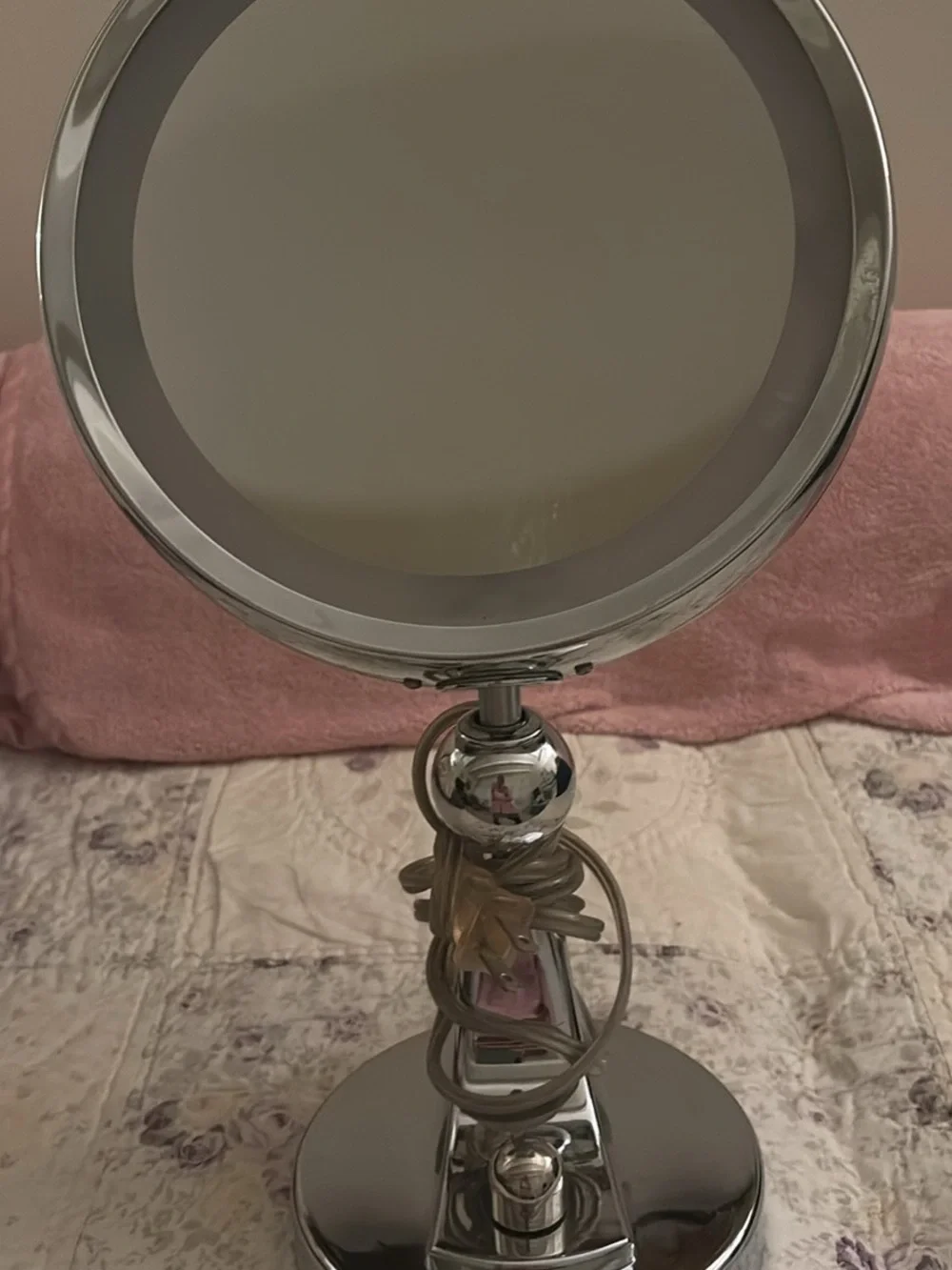Polished Silver Double-Sided Vanity Mirror with Swivel Stand . 18 “ tall 6” base